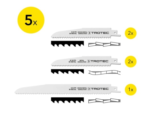 Набор полотен для сабельной пилы по дереву/металлу TROTEC 5 шт.